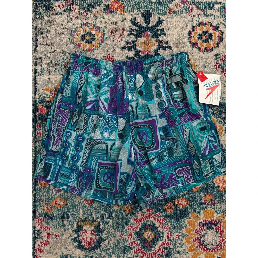 NEW Vintage 90s Speedo Lined Swim Trunks Abstract Geometric Size M Deadstock